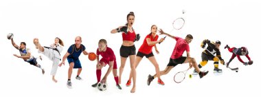 Sport collage about kickboxing, soccer, american football, basketball, ice hockey, badminton, taekwondo, tennis, rugby clipart