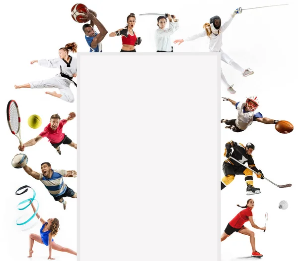 Colagem esportiva sobre kickboxing, futebol, futebol americano, basquete, hóquei no gelo, badminton, taekwondo, tênis, rugby — Fotografia de Stock