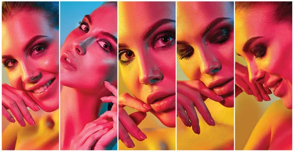 Mujer modelo de alta moda en luces brillantes de colores posando en el estudio — Foto de Stock