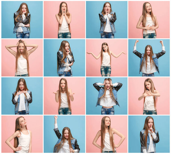 The collage of different human facial expressions, emotions and feelings.