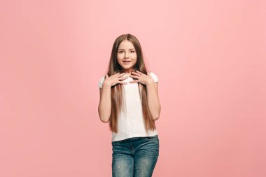 Beautiful teen girl looking suprised isolated on pink clipart