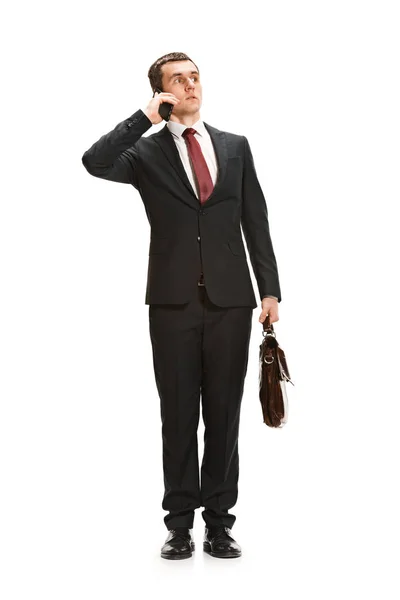 Retrato de cuerpo completo de hombre de negocios con maletín en blanco — Foto de Stock