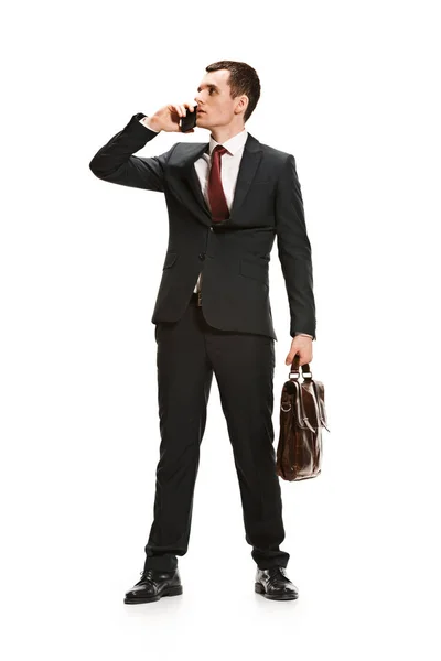 Ritratto a corpo intero di uomo d'affari con valigetta su bianco — Foto Stock