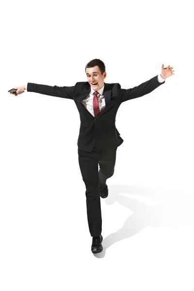 Funny cheerful businessman over white background — Stock Photo, Image