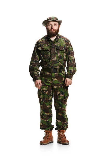 Young army soldier wearing camouflage uniform isolated on white — Stock Photo, Image