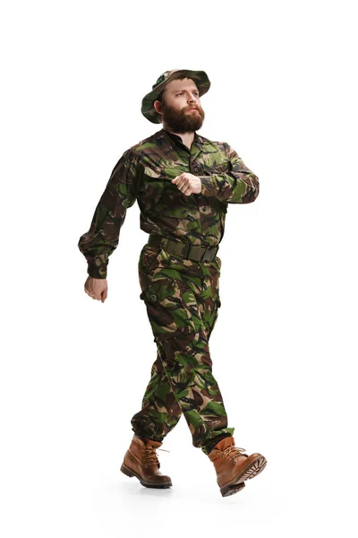 Young army soldier wearing camouflage uniform isolated on white — Stock Photo, Image