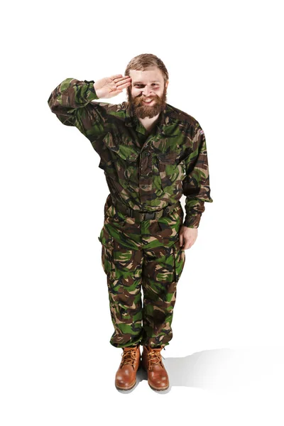 Voják armády kamufláž uniformě izolované na bílém — Stock fotografie