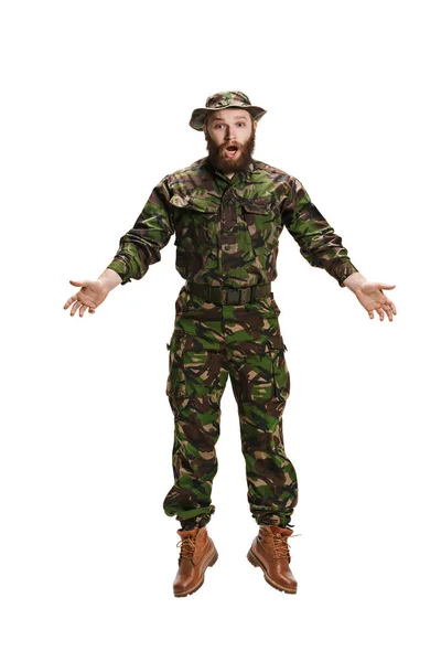 Young army soldier wearing camouflage uniform isolated on white — Stock Photo, Image