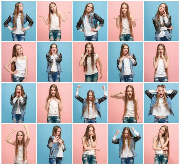 Colajul diferitelor expresii faciale umane, emoții și sentimente ale unei tinere adolescente . — Fotografie, imagine de stoc