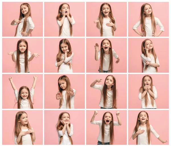 Collage av olika mänskliga ansiktsuttryck, känslor och känslor av ung tonåring flicka. — Stockfoto