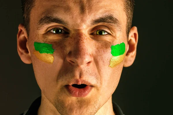 Portrait of a man with the flag of the Brazil painted on him face.