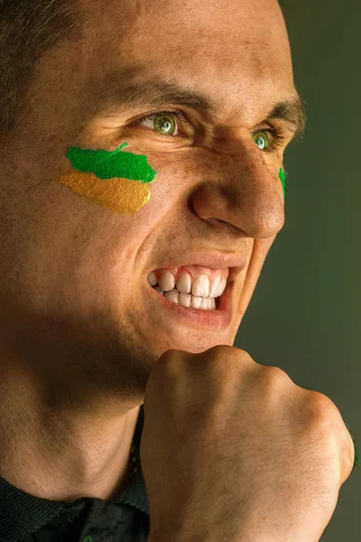 Portrait d'un homme avec le drapeau du Brésil peint sur son visage . — Photo