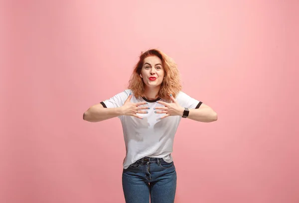 Beautiful woman looking suprised isolated on pink — Stock Photo, Image