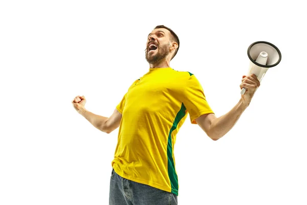 Brazil fan ünnepli a fehér háttér — Stock Fotó