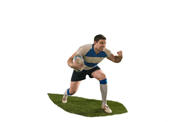 La silhouette di un giocatore di rugby caucasico isolato su sfondo bianco — Foto Stock