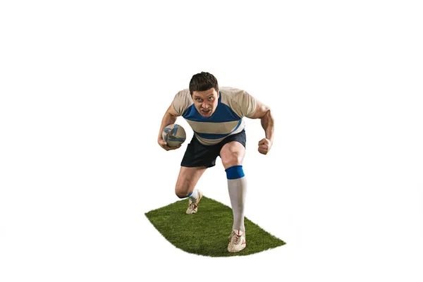 La silueta de un jugador de rugby caucásico aislado sobre fondo blanco —  Fotos de Stock