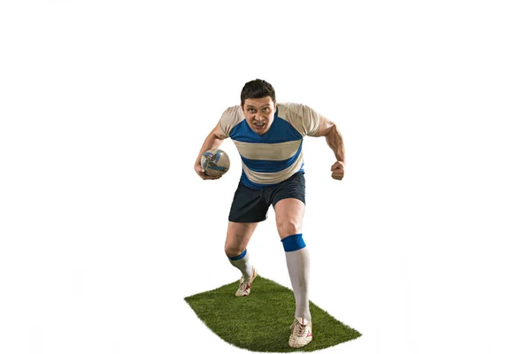 Η σιλουέτα του ένας Καυκάσιος ράγκμπι παίκτης άνθρωπος απομονώνονται σε λευκό φόντο — Φωτογραφία Αρχείου