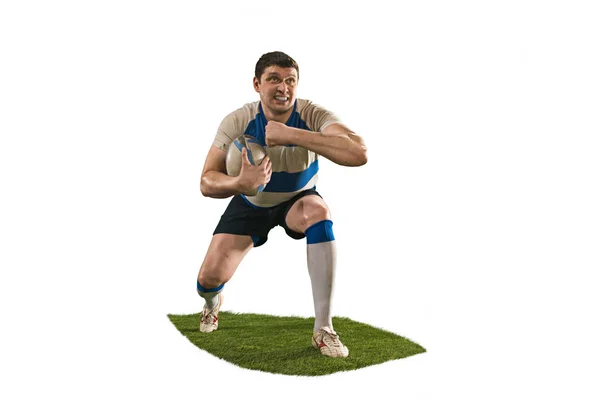 La silhouette di un giocatore di rugby caucasico isolato su sfondo bianco — Foto Stock