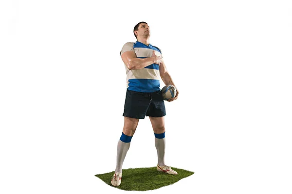 Die Silhouette eines kaukasischen Rugbyspielers isoliert auf weißem Hintergrund — Stockfoto