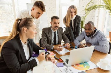 Bir grup genç iş adamı toplantı yapıyor, yaratıcı bir ofis.