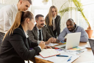 Bir grup genç iş adamı toplantı yapıyor, yaratıcı bir ofis.