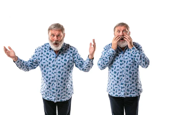 Hombre mayor discutiendo consigo mismo en el fondo del estudio blanco . — Foto de Stock