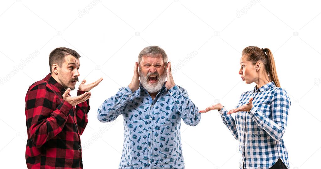 Family members arguing with one another on white studio background.