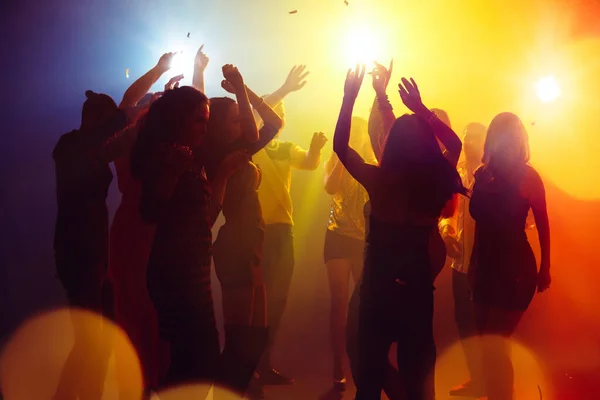 Una multitud de personas en silueta levanta las manos contra la colorida luz de neón en el fondo de la fiesta — Foto de Stock