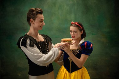 Young ballet dancers as a Snow Whites characters in forest, modern tales clipart