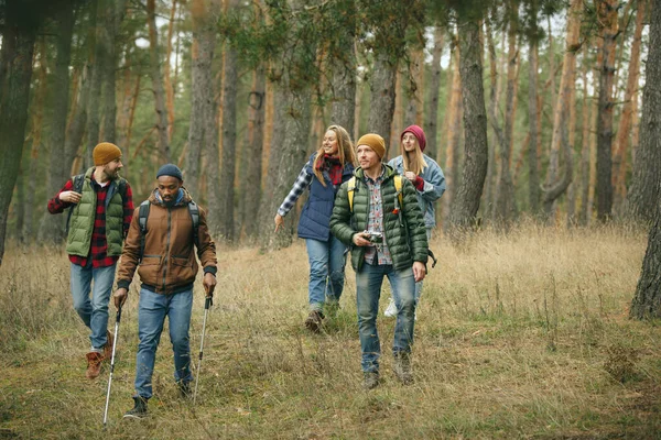 Group of friends on a camping or hiking trip in autumn day — Stock Photo, Image