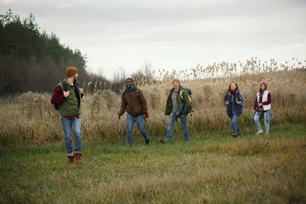 Group of friends on a camping or hiking trip in autumn day — Stock Photo, Image