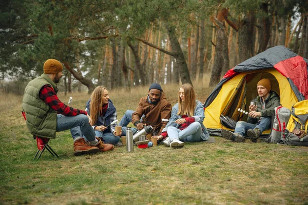 Grupo de amigos en un campamento o excursión en el día de otoño —  Fotos de Stock