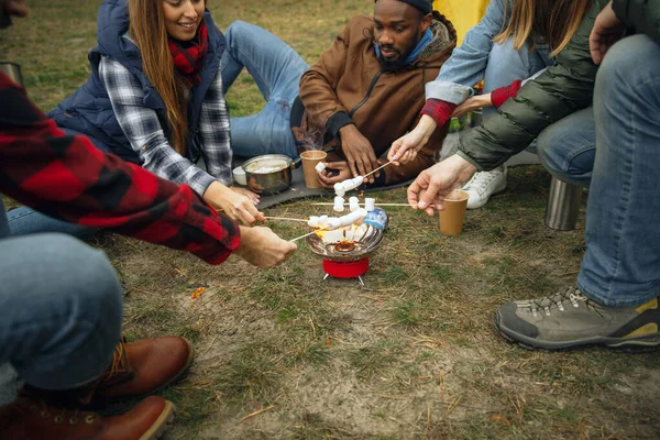 Grup de prieteni într-o excursie de camping sau drumeții în ziua de toamnă — Fotografie, imagine de stoc