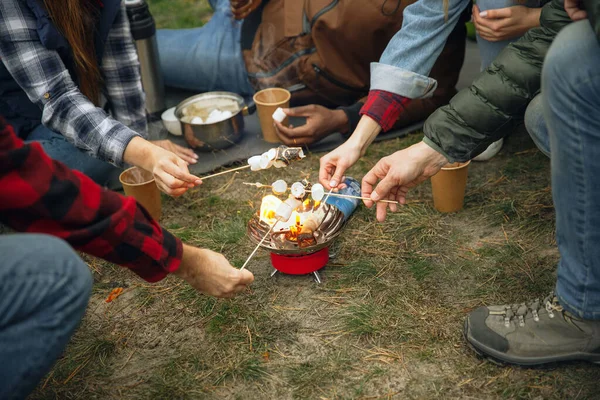 Group of friends on a camping or hiking trip in autumn day — Stock Photo, Image