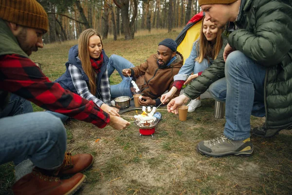 Grupo de amigos en un campamento o excursión en el día de otoño —  Fotos de Stock