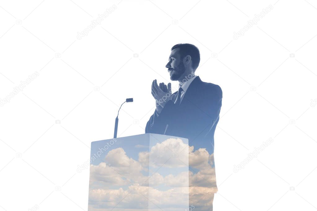 Speaker, coach or chairman during politician speech on white background