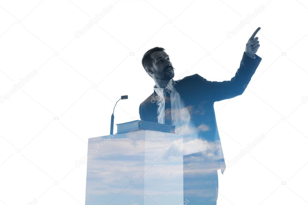 Speaker, coach or chairman during politician speech on white background
