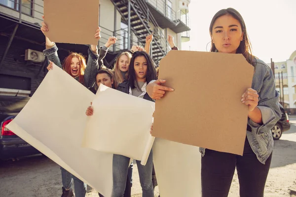 Young people protesting of women rights and equality on the street — Stock Photo, Image