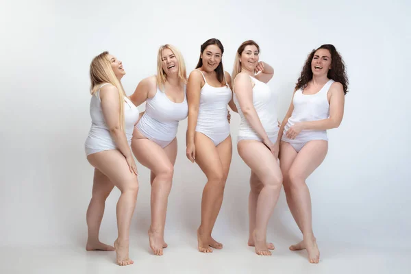 Retrato de mulheres bonitas plus size jovens posando em fundo branco — Fotografia de Stock