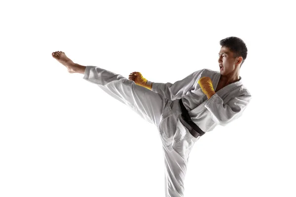 Confident korean man in kimono practicing hand-to-hand combat, martial arts — Stock Photo, Image