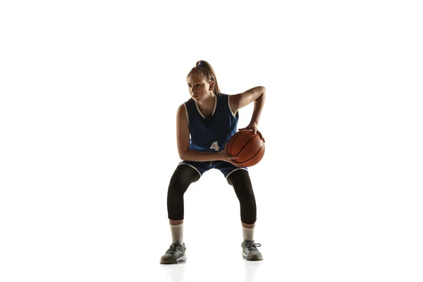 Young caucasian female basketball player against white studio background — Stock Photo, Image