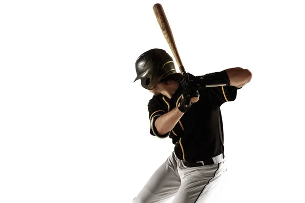 棒球运动员，身穿黑色制服的投手，背景是白色的. — 图库照片