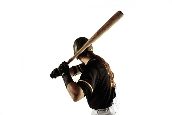 Giocatore di baseball, lanciatore in uniforme nera che si esercita su uno sfondo bianco . — Foto Stock