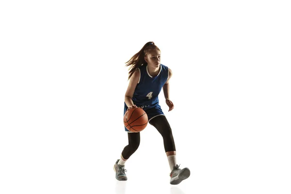 Young caucasian female basketball player against white studio background — Stock Photo, Image