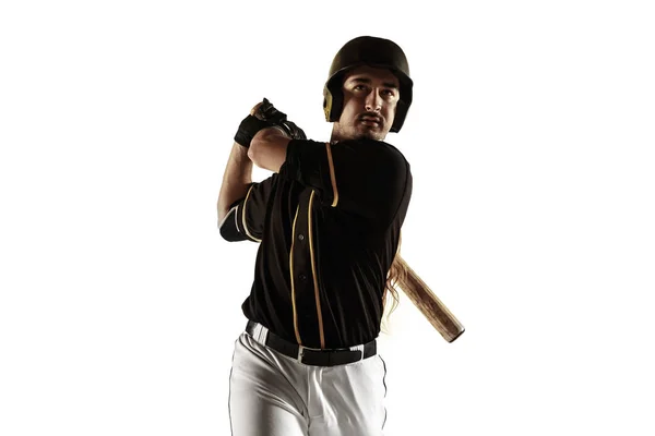 Jugador de béisbol, lanzador en uniforme negro practicando sobre fondo blanco . —  Fotos de Stock