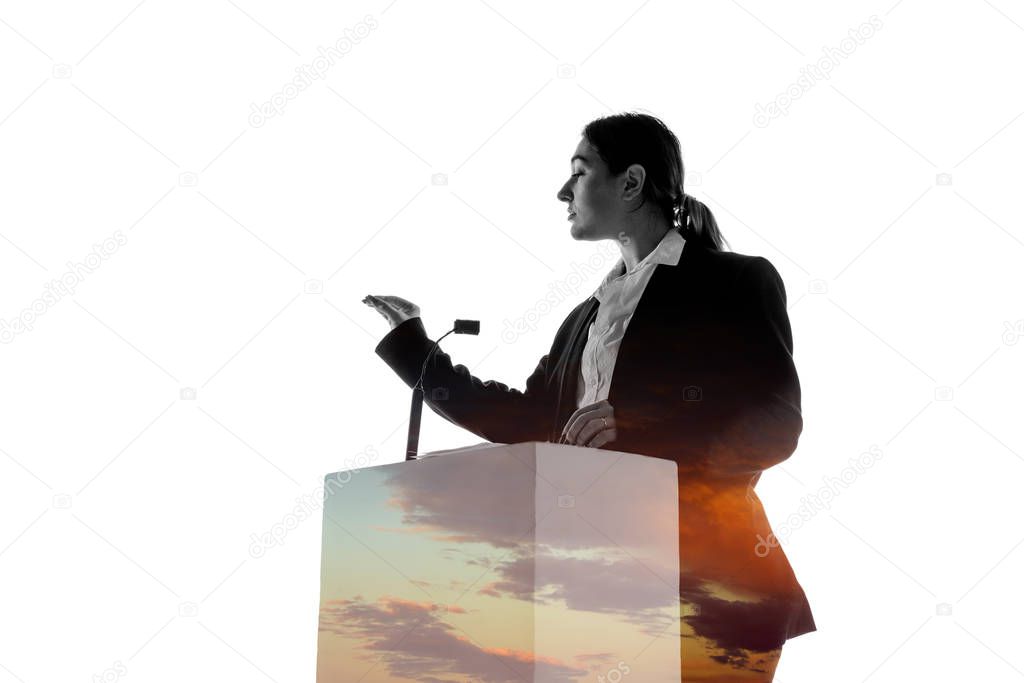 Speaker, coach or chairwoman during politician speech on white background