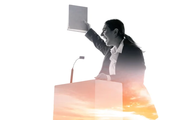 Спикер, тренер или председатель во время речи политика на белом фоне — стоковое фото