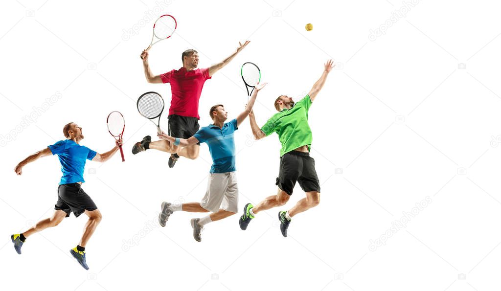Young caucasian tennis players running and jumping on white background