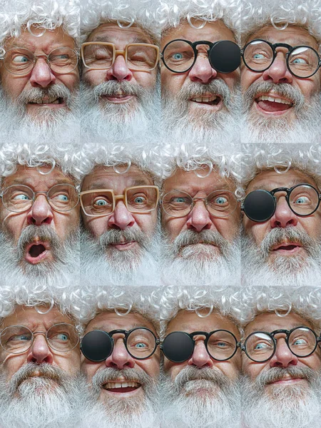 Père Noël émotionnel dans les lunettes saluant avec Nouvel An et Noël — Photo