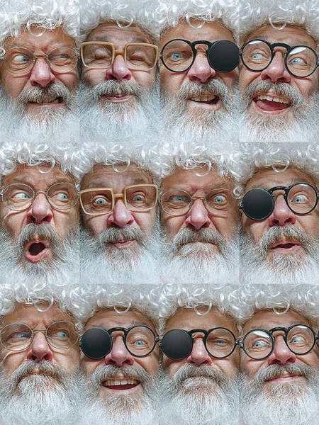 Emocionální Santa Claus v brýlích pozdrav s Novým rokem a Vánocemi — Stock fotografie